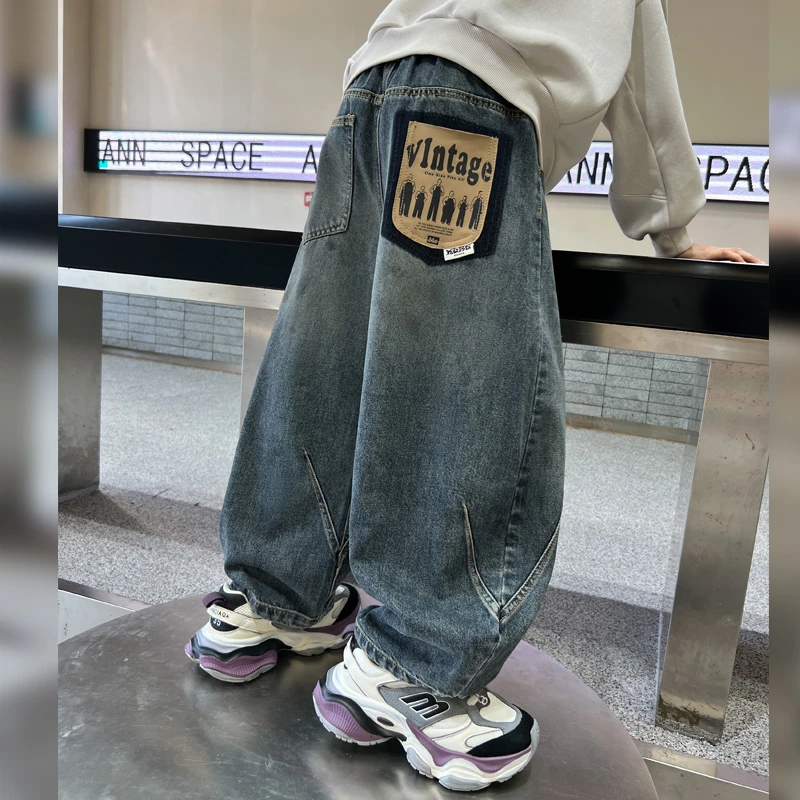 男童裤子春秋款2025新款儿童春装牛仔裤大童春季痞帅阔腿裤男孩潮