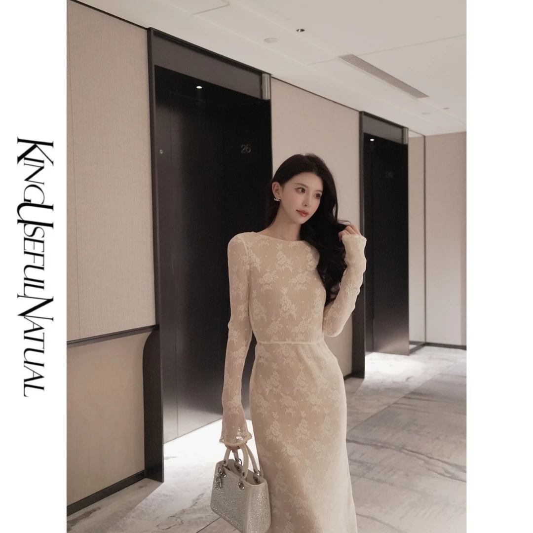 KUN【千金归来】气场全开 喇叭袖蕾丝连衣裙女气质显瘦长裙子春季新