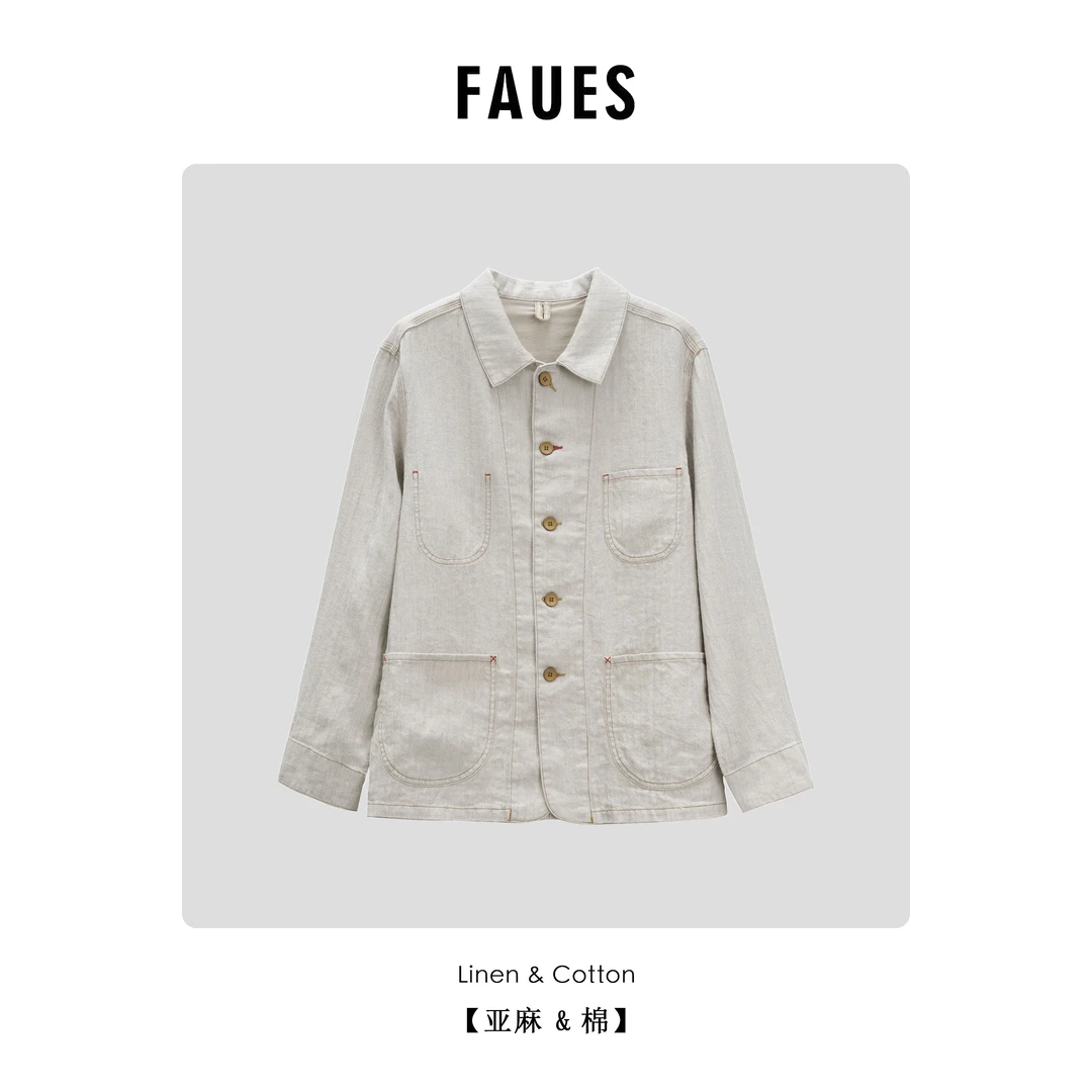 FAUES 高古长物 定制棉麻色织无染复古文艺翻领落肩宽松轻薄外套