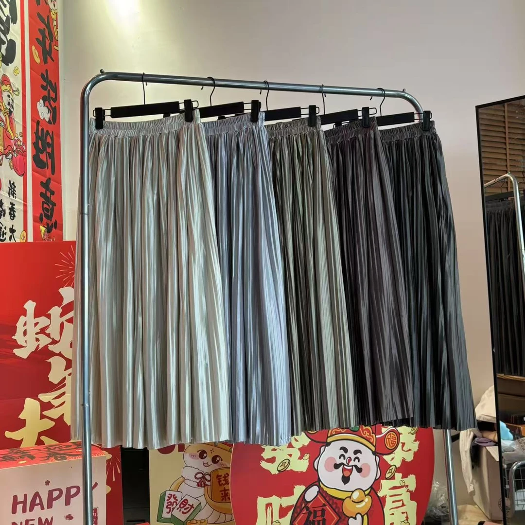 松紧腰百褶显瘦a字中长款半身裙5078