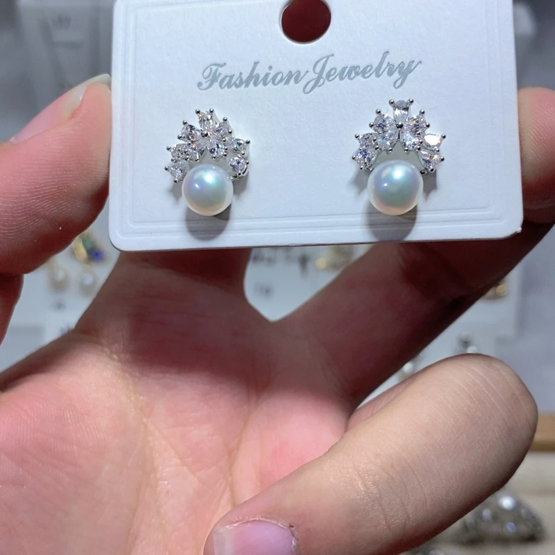 耳饰银S925镶嵌淡水珍珠