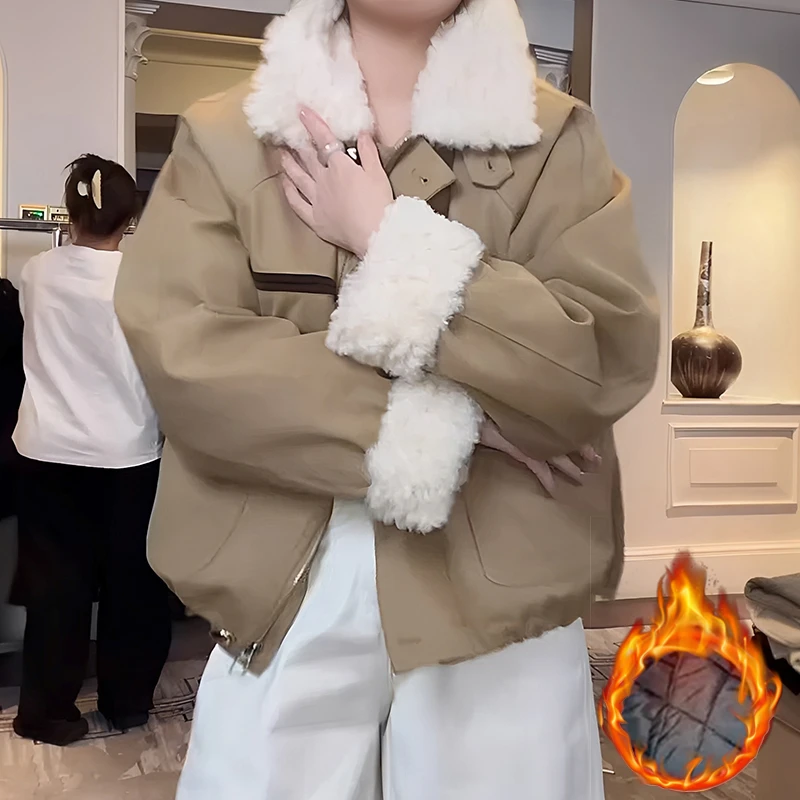 2025冬季新款女士加厚时尚宽松显瘦羊羔毛短外套洋气夹棉上衣服