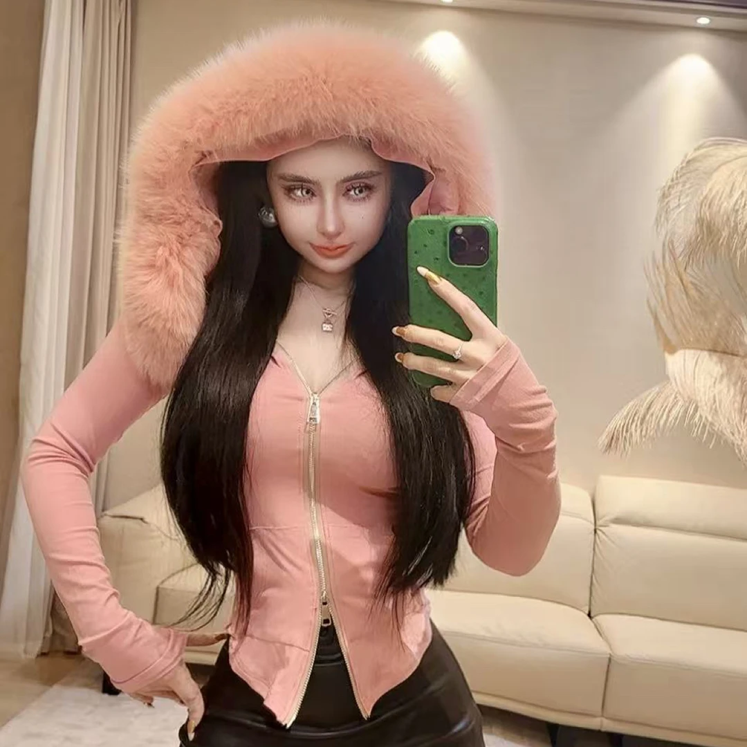 【粉系嗲妹】原创设计修身显瘦大毛领上衣