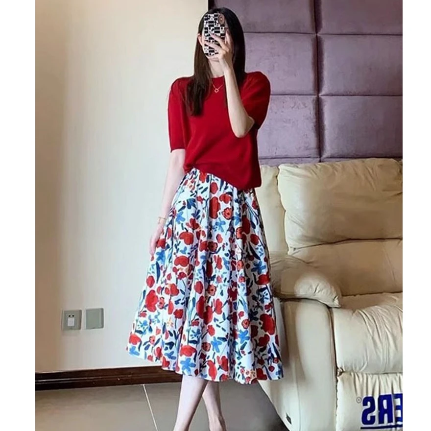 开春穿搭一整套韩系减龄高级感红色泡泡袖碎花半裙套装女2025新款