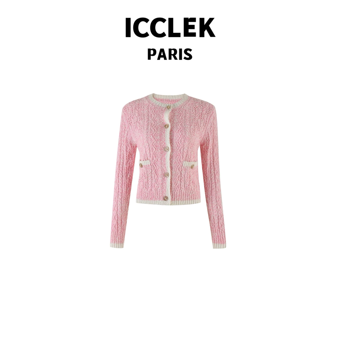 ICCLEK 粉白拼色开襟长袖针织衫 气质 轻奢 名媛 -2704