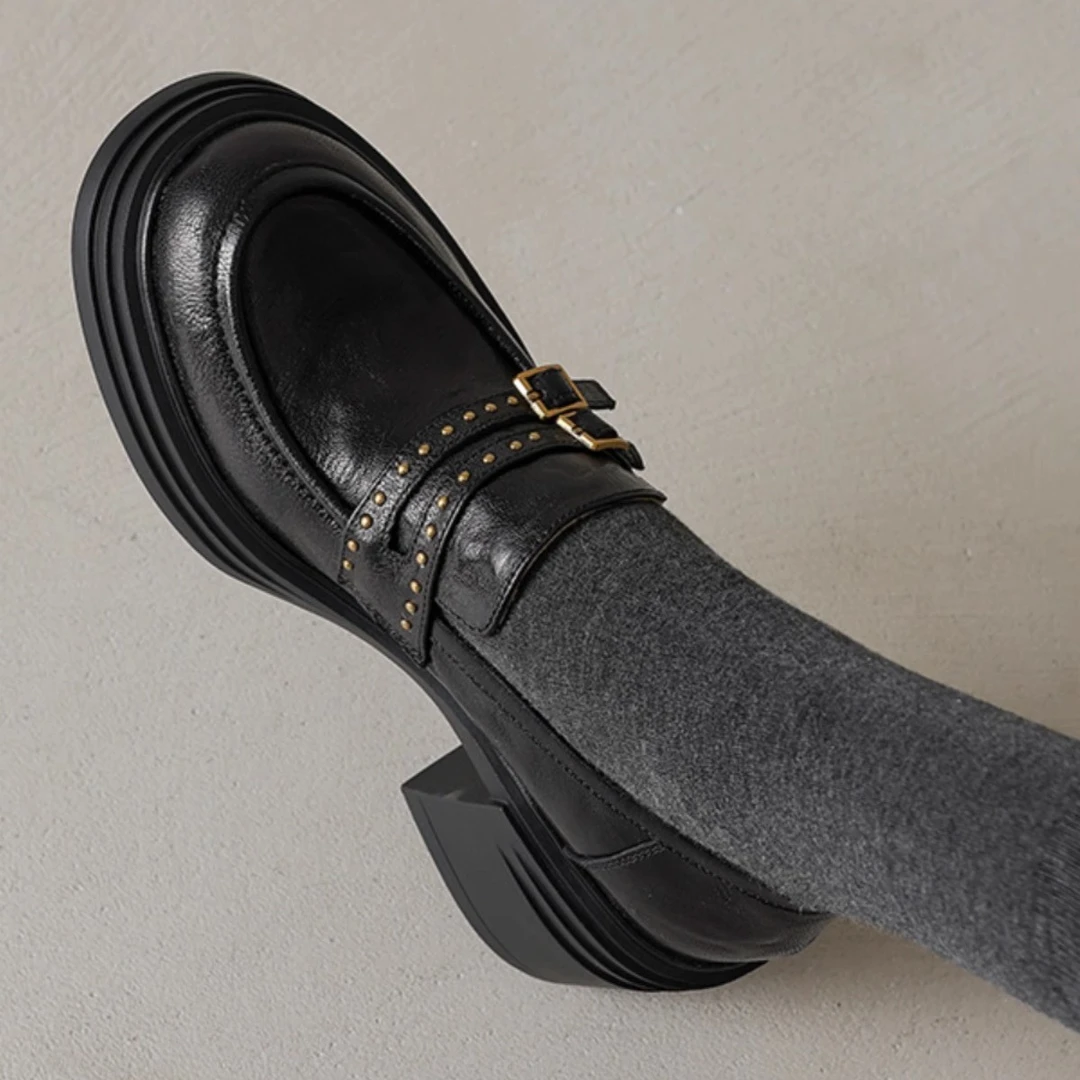 羊皮版~皮扣带粗跟高跟乐福鞋女2025年新款春单鞋静音厚底小皮鞋