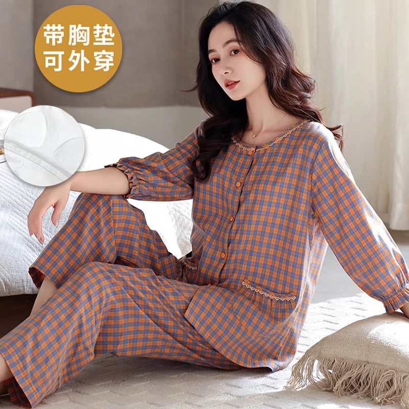 带胸垫碎花睡衣女夏季七分袖九分裤韩式可外穿女士家居服两件套装