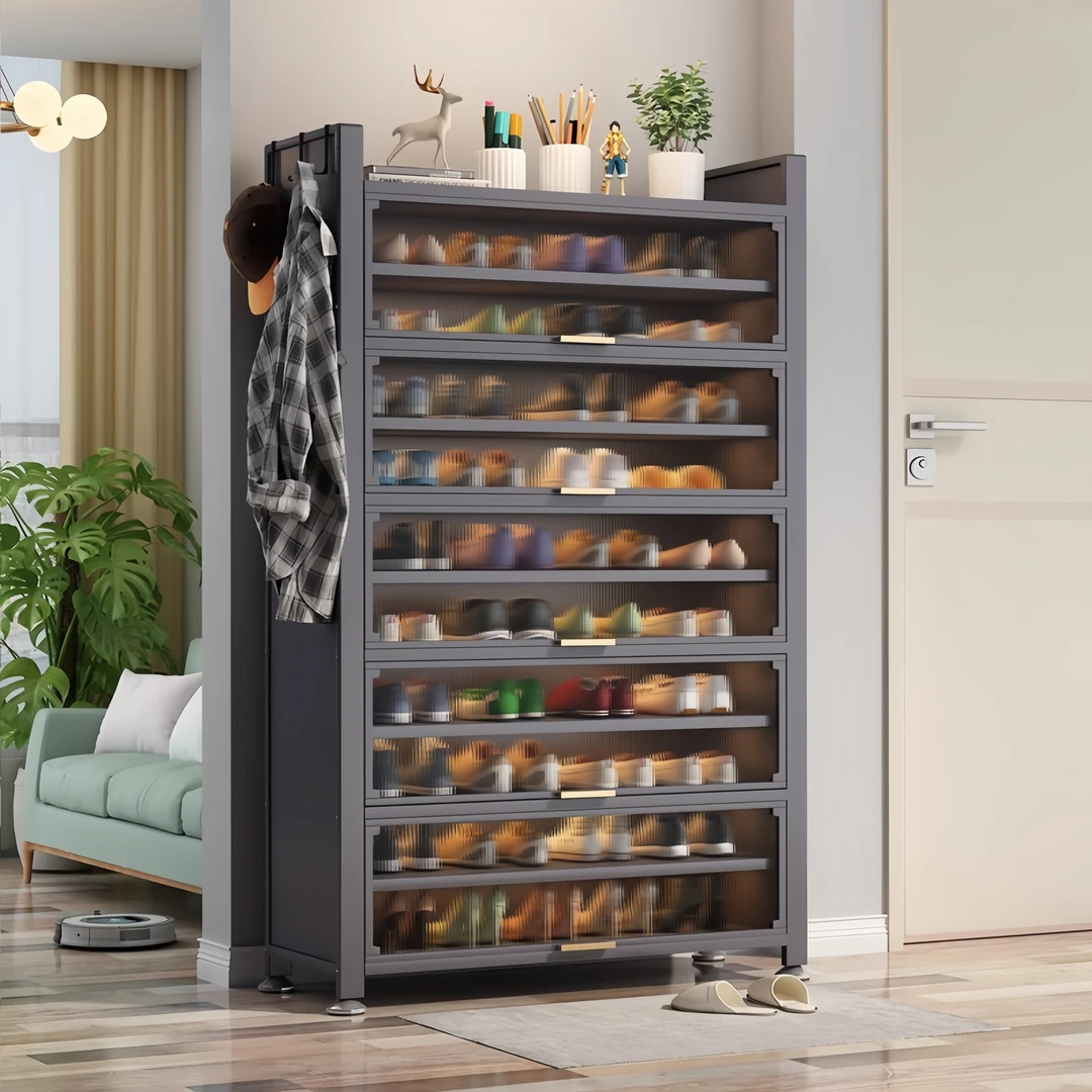 家用钢制鞋柜门口多层简易落地架一体式大容量防尘鞋架翻门收纳柜