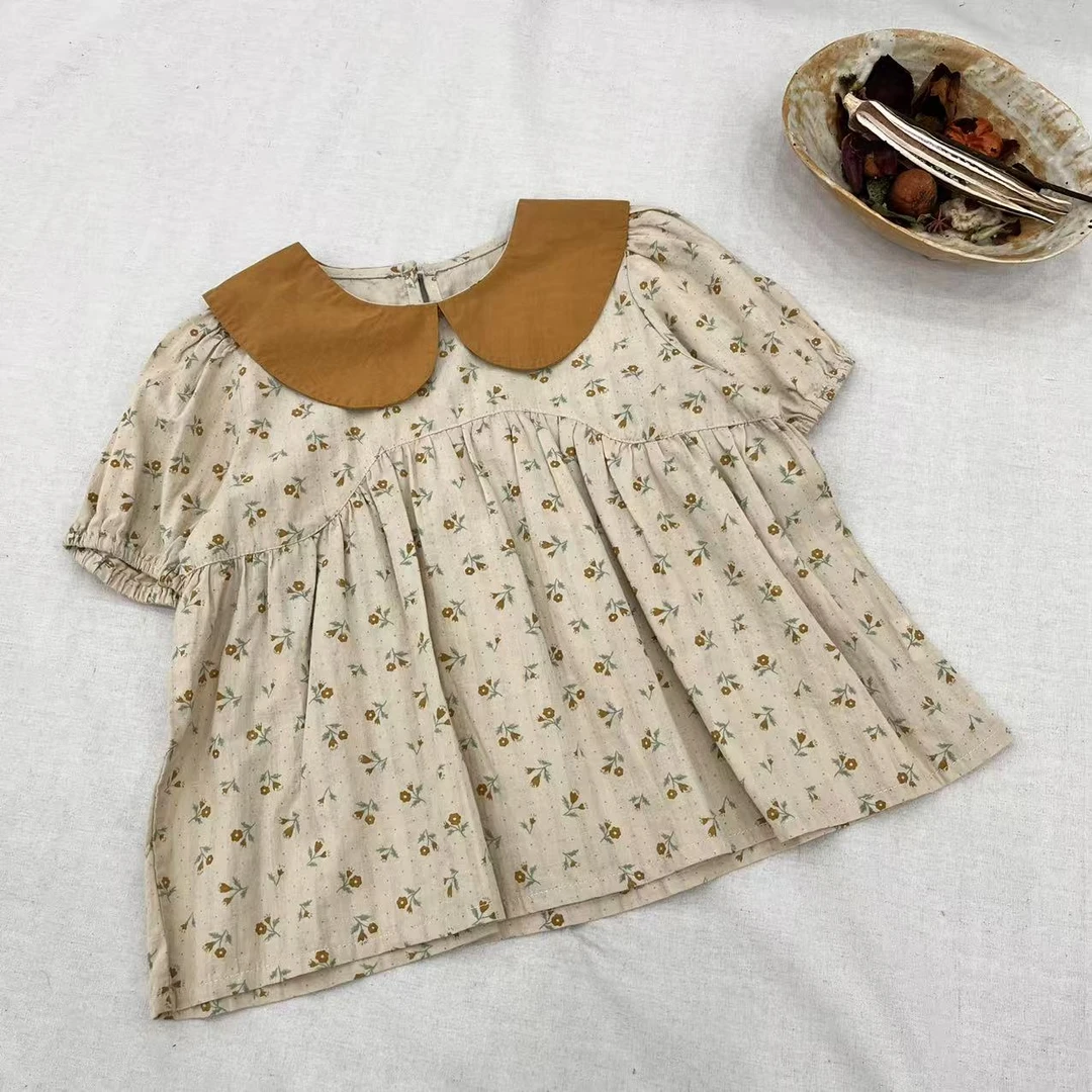 〖姐姐家〗2025夏款儿童萌娃穿搭翻领满印碎花奶黄娃娃衫衬衫sy3063