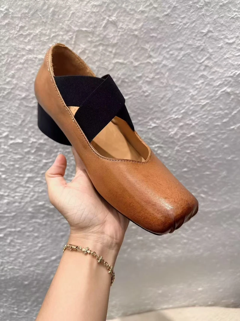 女士法式高奢手工马皮鞋 复古方头玛丽珍油蜡马皮贵妃芭蕾鞋