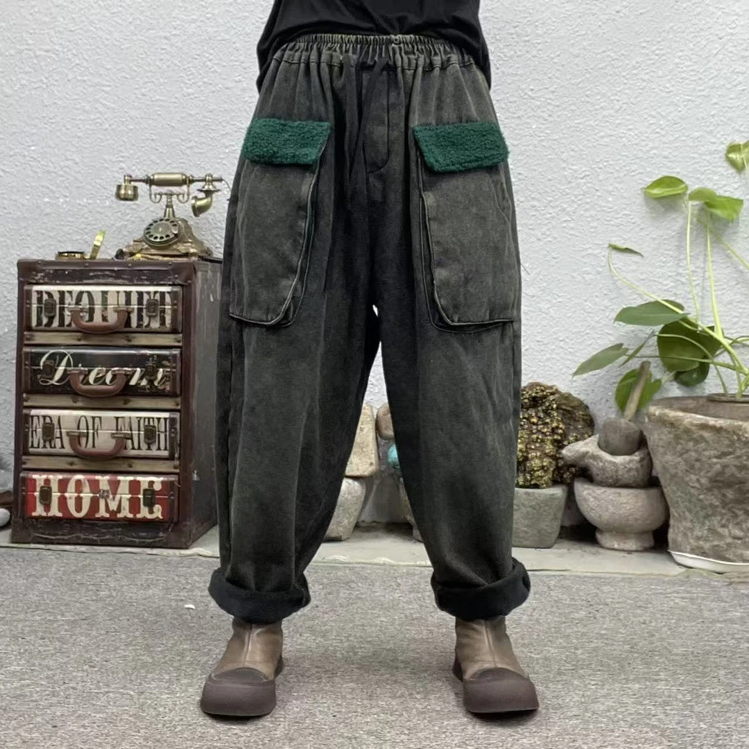 2001加绒口袋拼绿色炒色牛仔哈伦休闲裤（长96臀围145脚口36