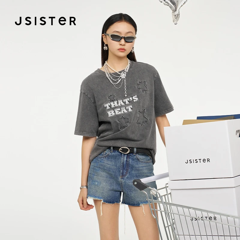 jsister夏装新款 JS女装时尚灰色做旧星星T恤