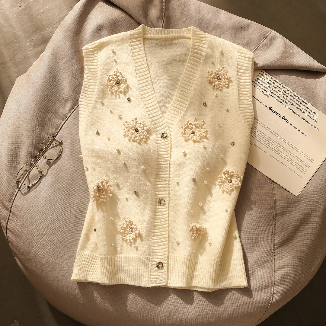 重工钉珠花朵针织开衫马甲背心女甜辣妹修身内搭打底无袖上衣外穿