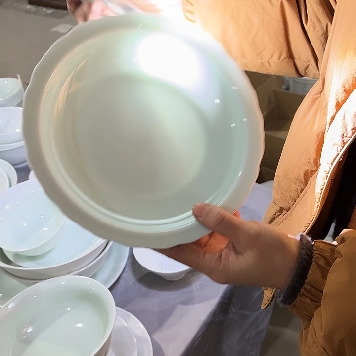 瓷片青玉泥花边深盘两个包邮