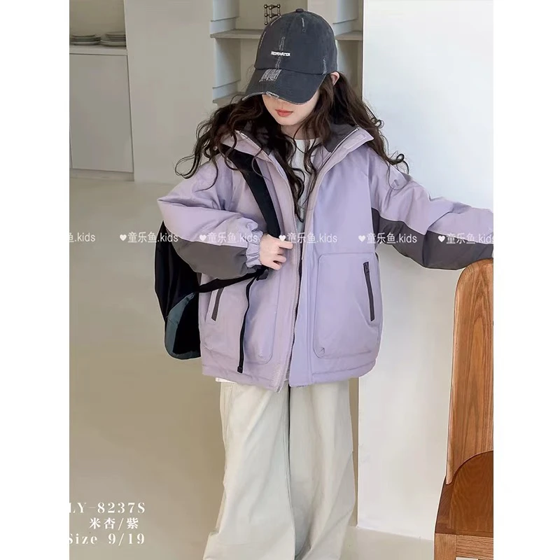 童乐鱼童装2024冬新款男女童夹棉连帽拼接冲锋衣中大童外套潮