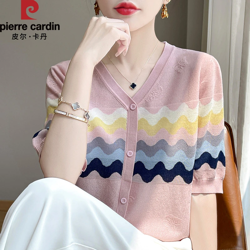 皮尔卡丹2025新款时尚V领重工提花针织开衫洋气夏季撞色上衣短袖