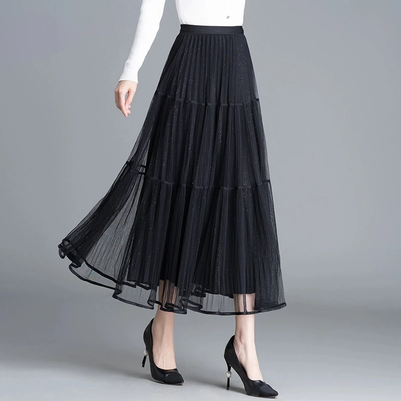 黑色网纱半身裙女2025春秋新款两面穿百褶a字裙显瘦中长裙大摆裙