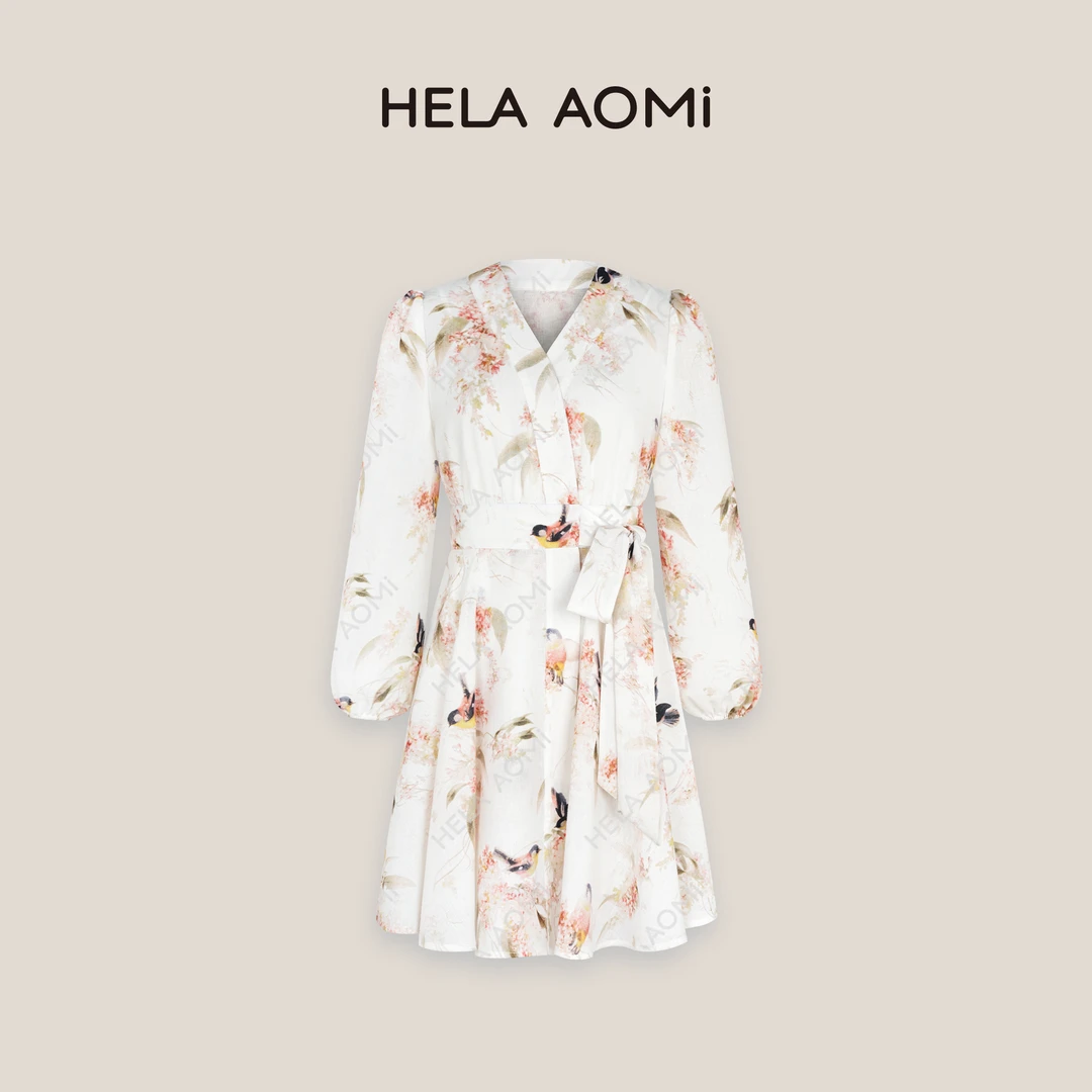 HELAAOMI “暮春鸢尾”早春V领优雅显瘦印花茶歇裙CY5AQ72204