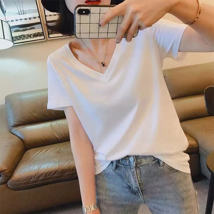 吸汗常规V领短袖暗紫V领T恤黑色女士女款夏季百搭韩系ins风宽松
