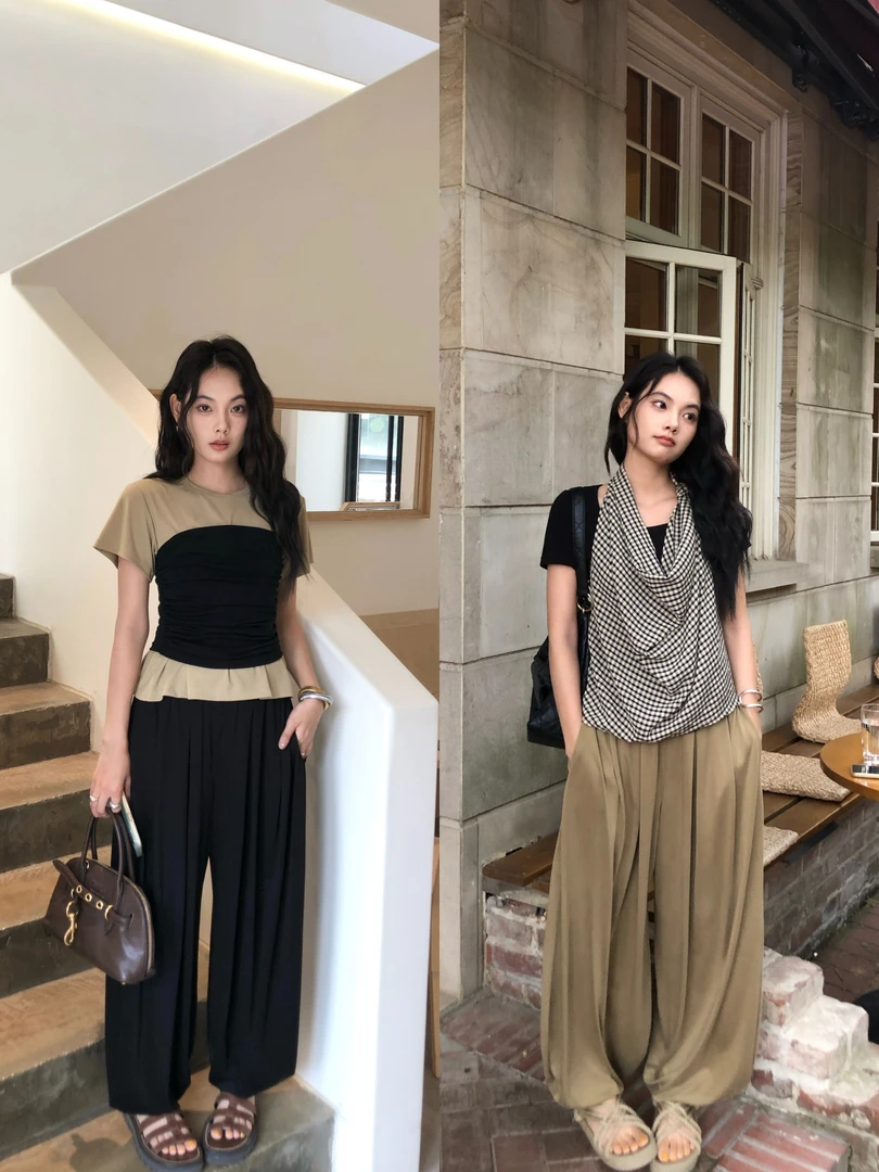 【任小艺5/31新品】亲肤仿铜氨丝混纺弹力高腰灯笼裤长裤女夏