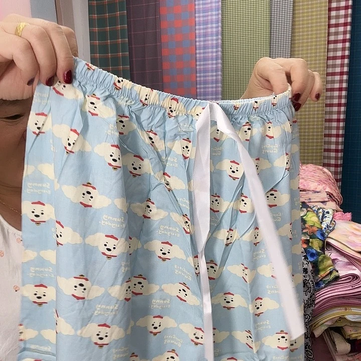 莫代尔纤维棉蓝色卡通棉绸裤子