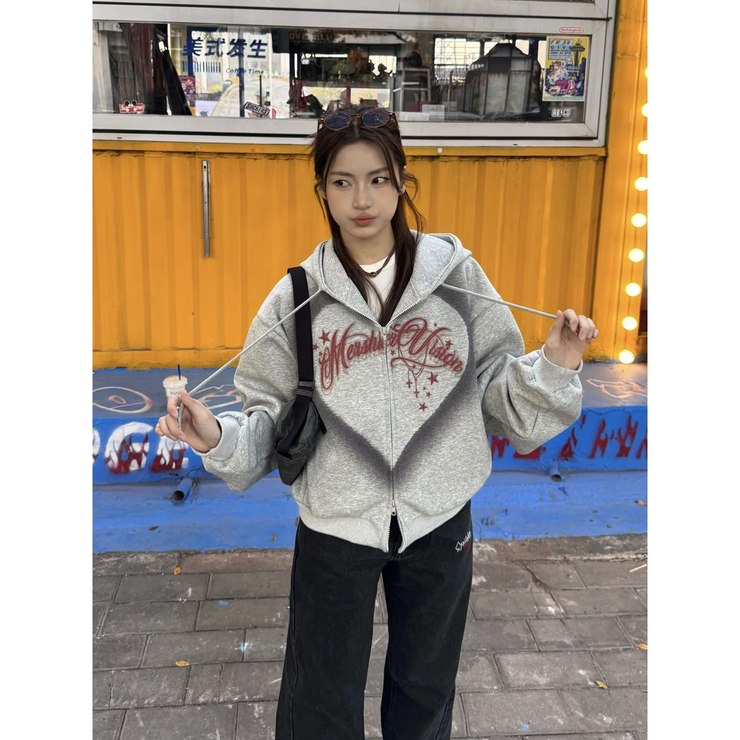 XFX 国潮美式复古宽松爱心字母连帽卫衣外套女春季休闲双拉链上衣