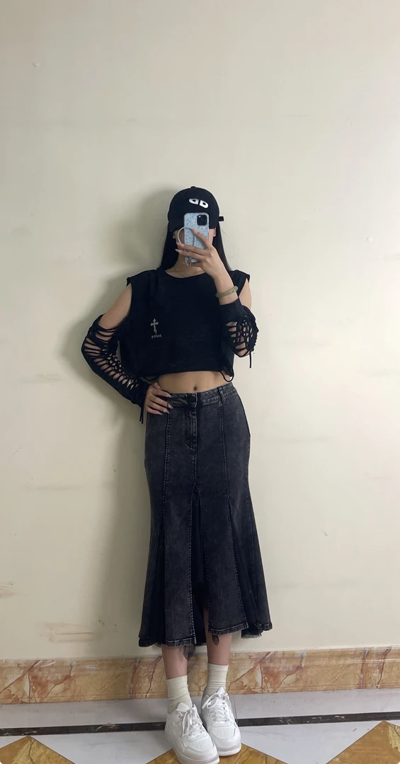 女装做旧开叉牛仔半身裙女拼接网纱高腰包臀鱼尾a字裙子