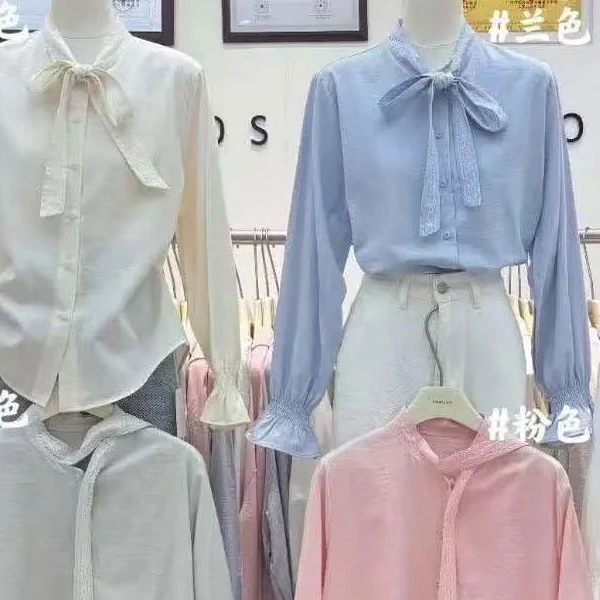 【夏央家】2025春季新款设计感长袖蕾丝蝴蝶结衬衫上衣女#50033