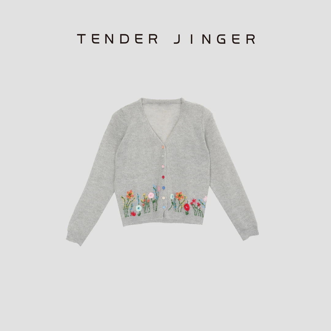 Tender Jinger【彩虹扣】手工钩花V领针织开衫T53MII30704