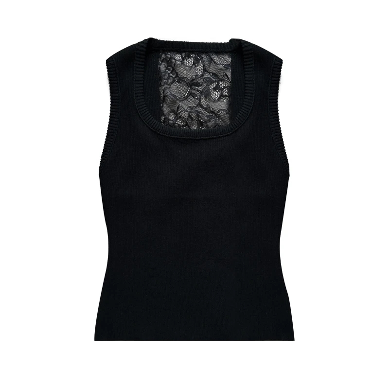 【晨雾褶皱】时尚方领后背蕾丝拼接百搭修身显瘦背心