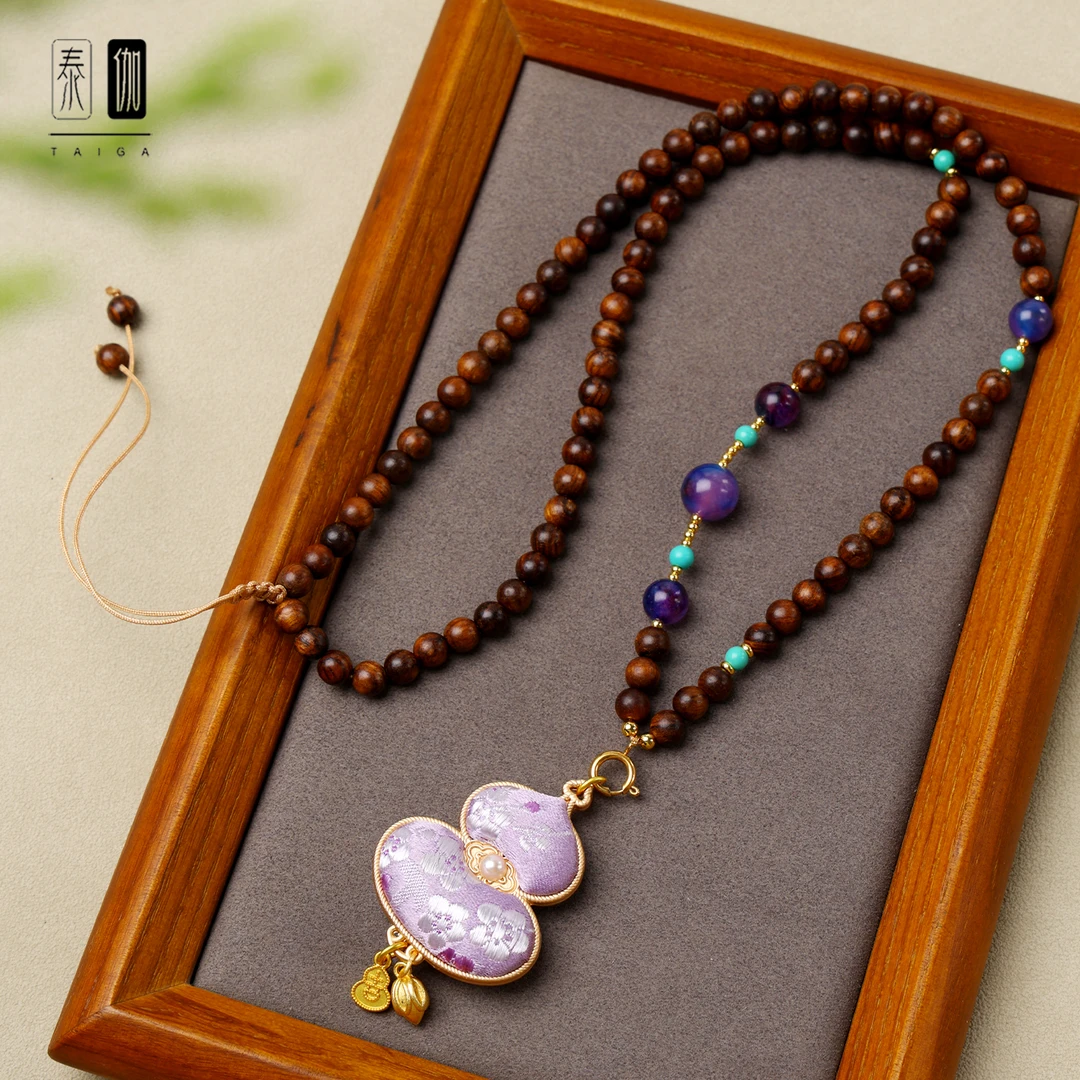 钛钢木质吊坠 木珠佛牌链子藏式唐卡吊坠挂链双面宋锦葫芦链通用