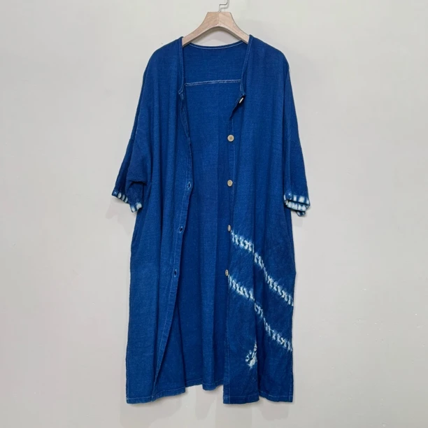 古法扎染亚麻中袖长款开衫外套圆领连衣裙