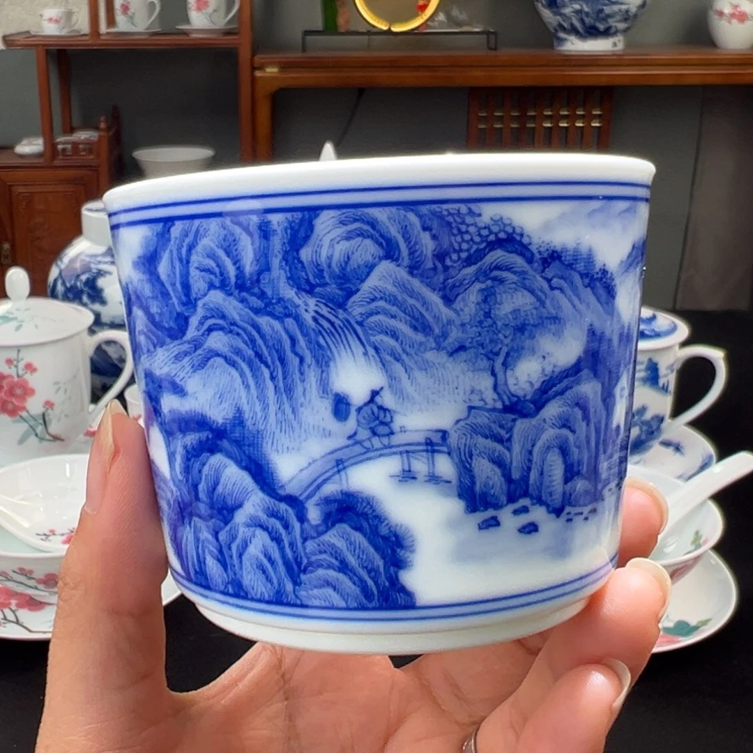 柴窑青花山水书卷杯
