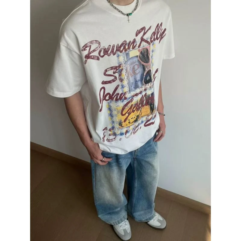 新款美式复古趣味涂鸦做旧印重磅潮牌短袖t恤男夏季宽松休闲上衣