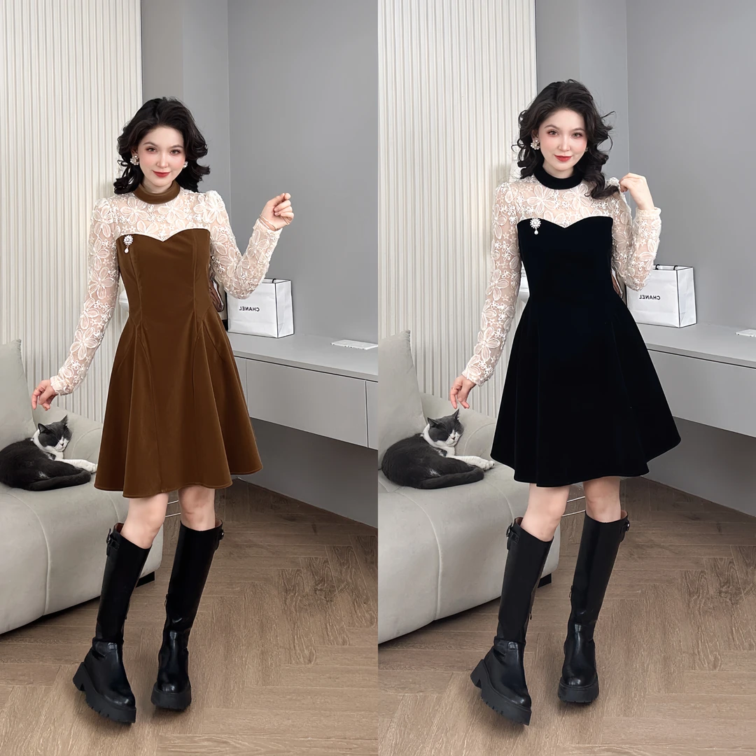 Saeda品牌女装蕾丝拼接收腰高级感独特绝美礼服连衣裙YF10177