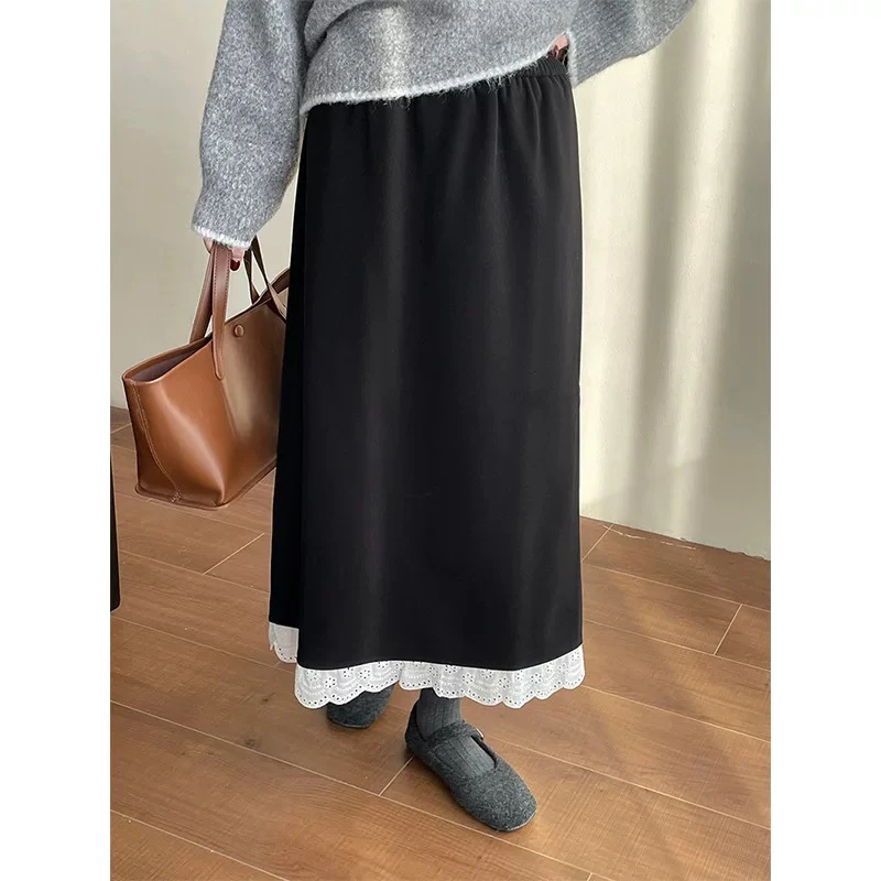韩系直筒蕾丝花边拼接磨毛半身裙2025春款新款百搭A字长裙