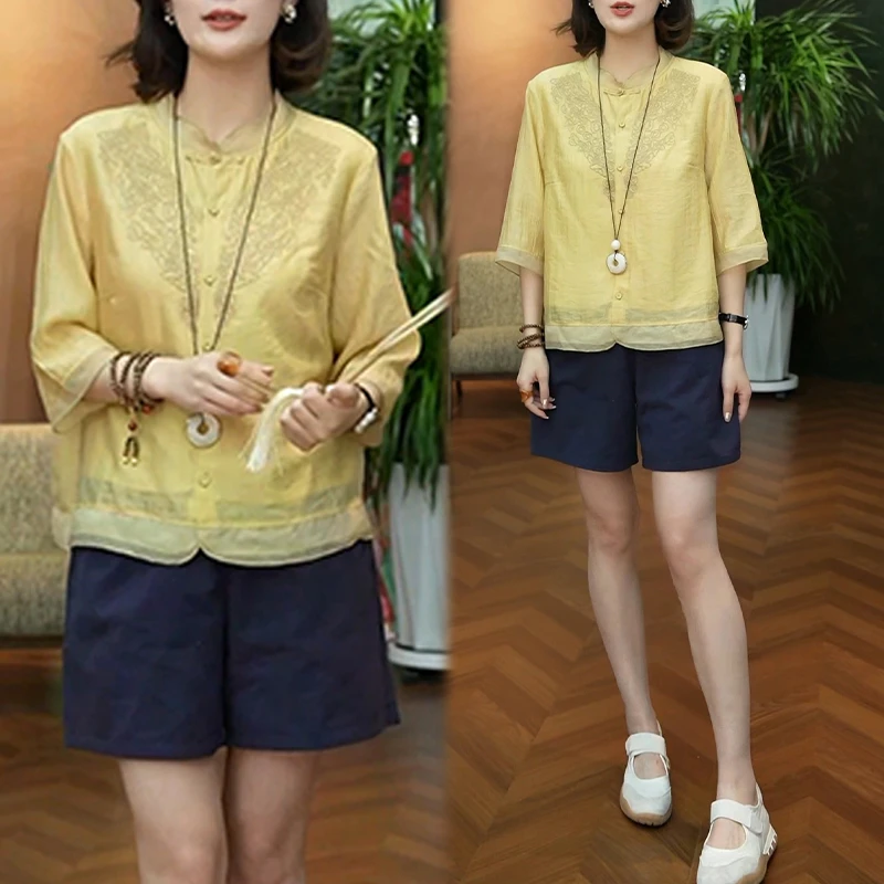 新中式国风套装女2025新款夏季刺绣立领盘扣衬衫休闲短裤子两件套