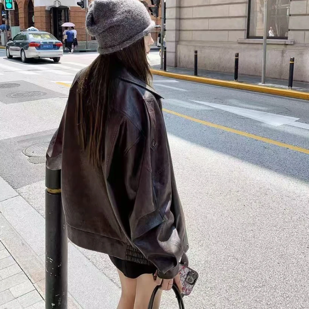 2025新款秋装皮衣常规款常规拉链秋季褶皱千金风圆领洋气网红ins