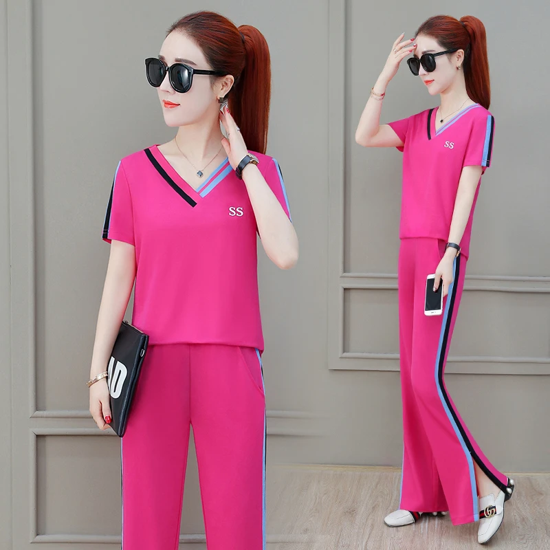 休闲运动套装韩版V领修身显瘦时尚女士跑步夏季薄款阔腿裤两件套