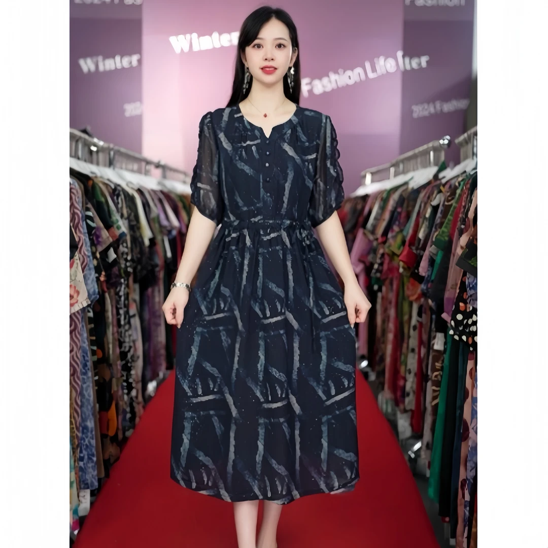 52322 中袖宽松腰夏季休闲风V领连衣裙长款收腰印花