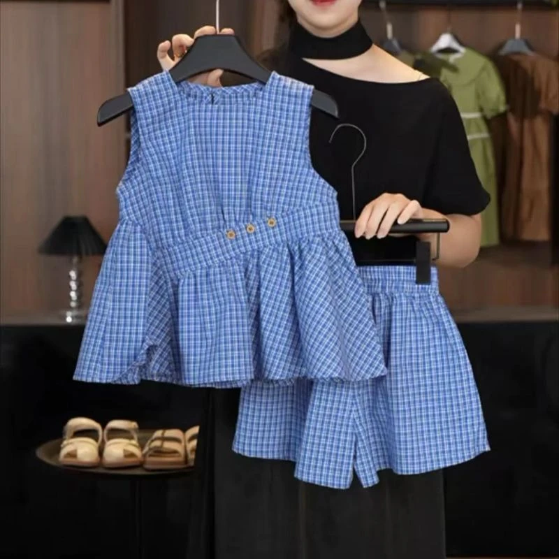 女童格子夏装背心短裤套装小孩子夏季新款无袖2025两件套娃娃洋气