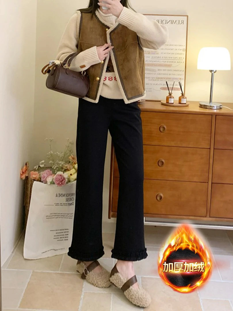黑色木耳花边休闲裤女秋冬加绒大码胖mm梨形身材宽松显瘦阔腿裤子