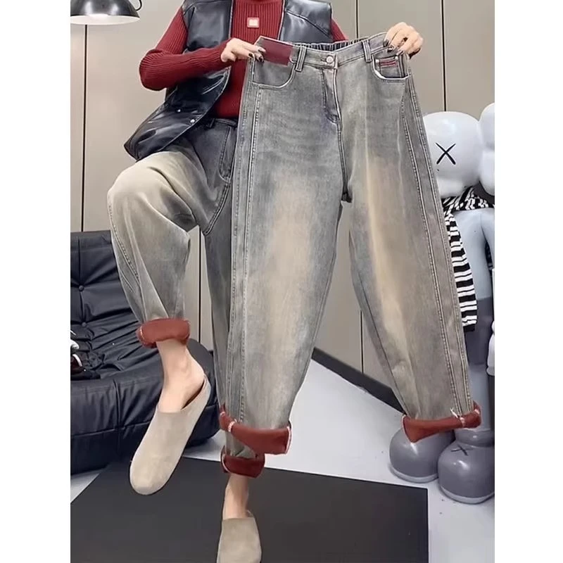 弹力哈伦裤女秋冬新款大码梨形身材小个子宽松显瘦加绒九分老爹裤