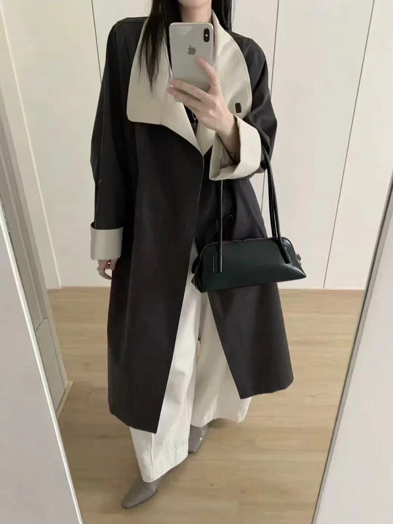 经典休闲风秋季长款女风衣插肩袖时尚百搭黑色立领