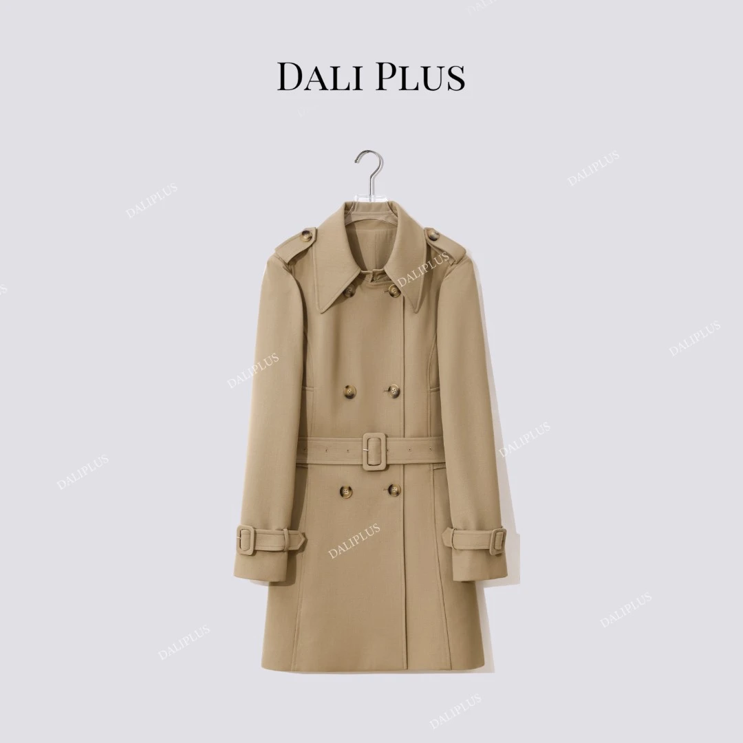 DALI PLUS “精仿羊毛风衣”双肩章双排扣收腰中长款外套-D5LT2315
