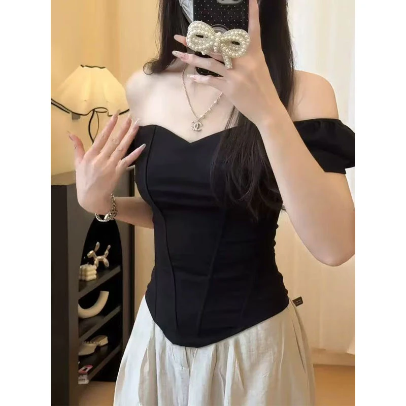 【晶晶】大码胖mm设计感欧若风法式短袖束身修身上衣显瘦内搭T恤