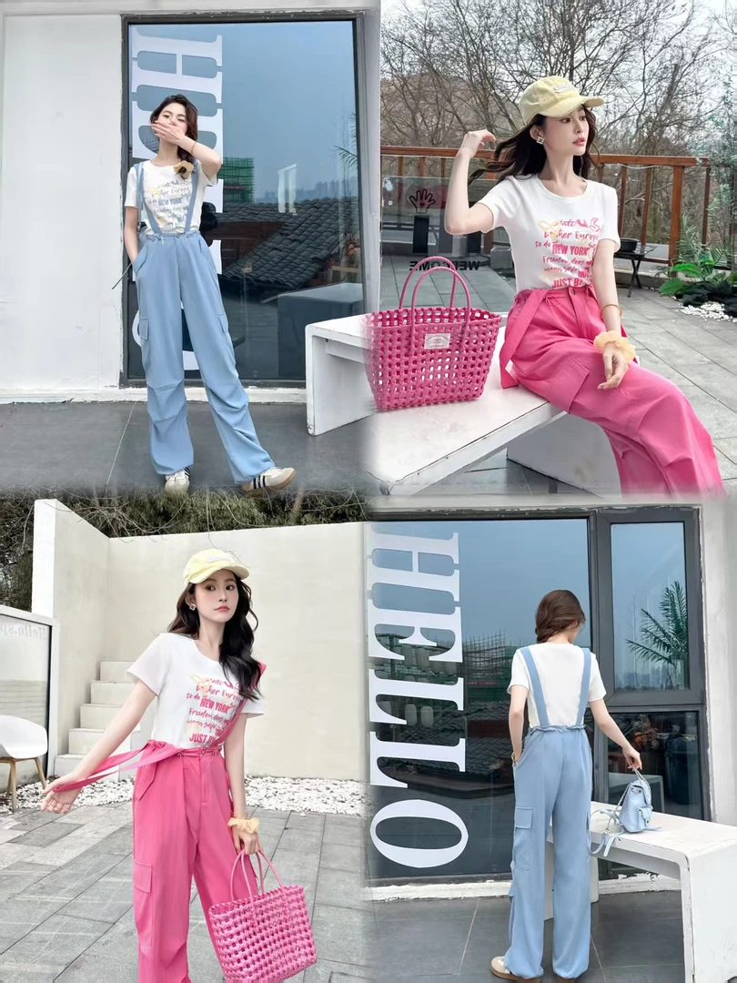 108夏季休闲套装显瘦2025新款减龄时尚小个子T恤工装背带裤两件套