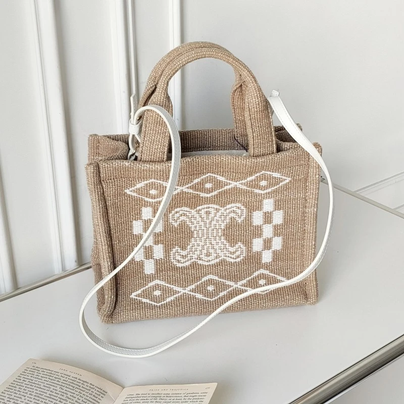95新 Celine/思琳 Azul-Thais亚麻色凯旋门大logo刺绣托特包52512