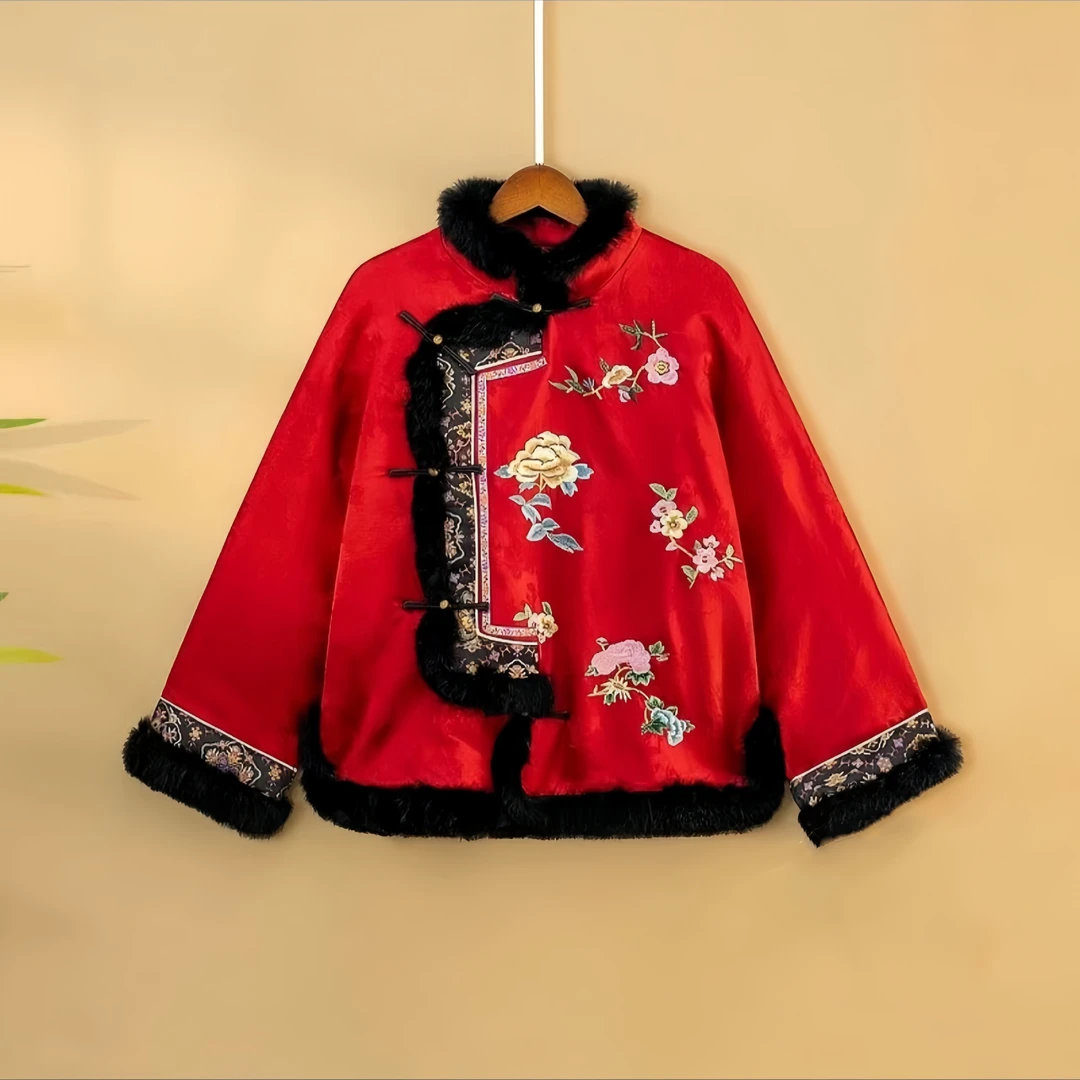 【浮云度】新中式新款网红复古民族风冬季重工刺绣斜襟短款太太棉服