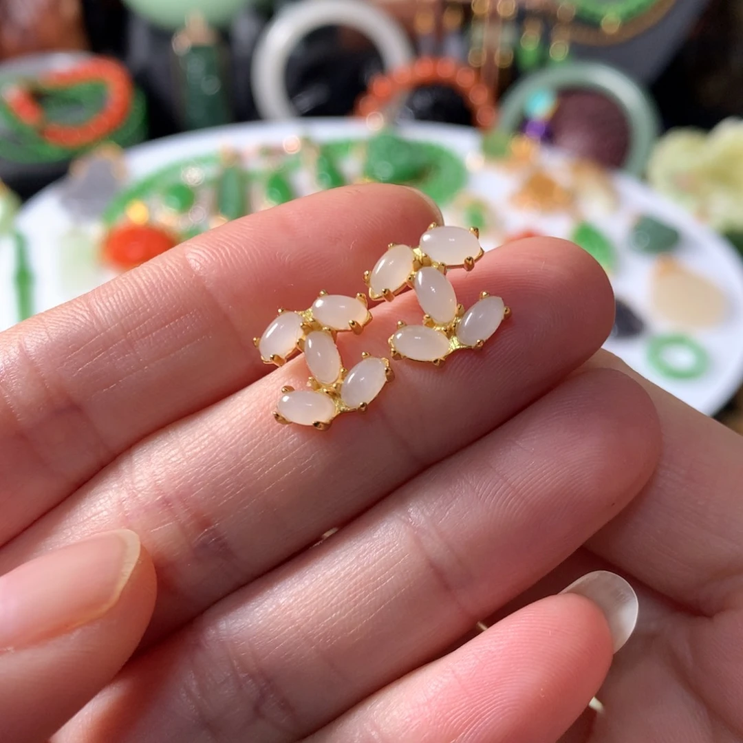 和田玉耳钉银S925镶嵌SL0005